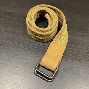Y2K Canvas Web Belt Tan Brown Double D-Ring Buckle 48" Military Style Vintage